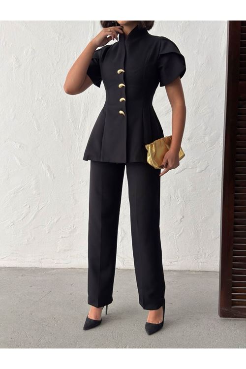 Gold Düğme Detaylı Peplum Kesim Şık Kadın Takım