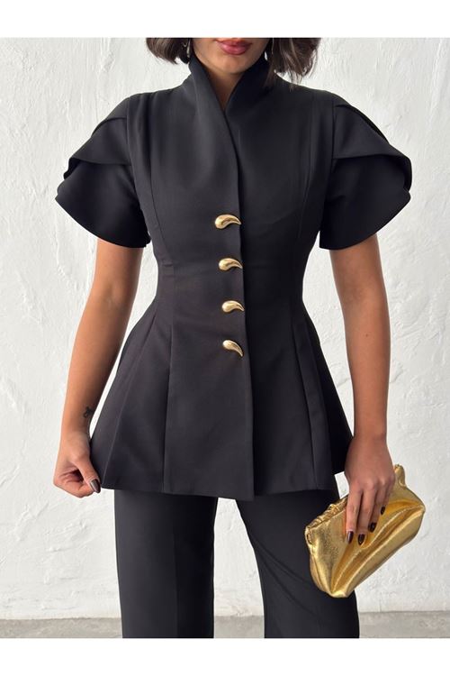 Gold Düğme Detaylı Peplum Kesim Şık Kadın Takım