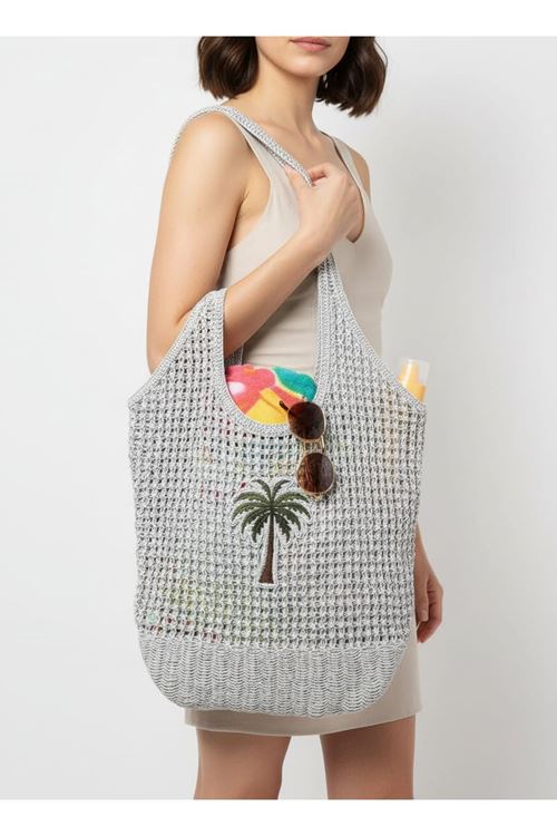 Simli Hasır Plaj Çantası Kadın Omuz Çantası Büyük Boy Işıltılı Yazlık Çanta Günlük Kullanım Palmiye Desenli