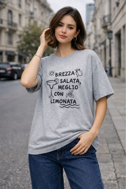 30/1 Süprem Kumaş O Yaka Brezza Baskılı  Kadın Tişört-GRİ MELANJ