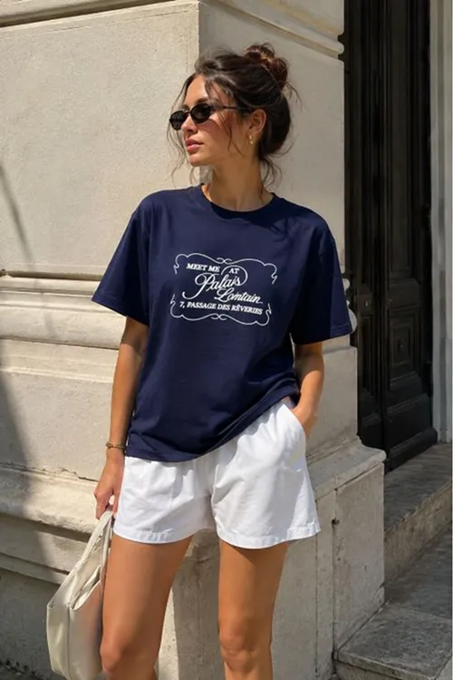 Süprem Kumaş Oversize Baskılı Kadın Tişört-Lacivert