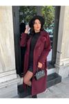Çiçek Detaylı Kuşak Kapama Kaşe Kaban