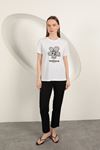 Süprem Kumaş Fiyonk Baskılı Tişört-Beyaz