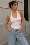 Ribana Kumaş Boyundan Geçmeli Crop-Pudra