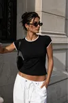 Ribana Kumaş Garnili Baby Tee-Siyah- Beyaz