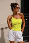 Ribana Kumaş Tek Omuz Boncuklu  Kadın Bluz-Sarı