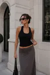 Ribana Kumaş Boyundan Geçmeli Crop-Siyah