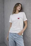 30/1 Süprem Kumaş Kiraz Baskılı Kadın Tişört-Beyaz