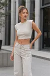 Ribana Kumaş Crop Top-Taş