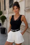 Ribana Kumaş Yakası Dantelli Kadın Bluz-Siyah
