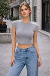 Ribana Kumaş Crop Top-GRİ MELANJ