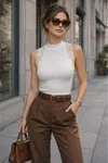 Ribana Kumaş Yarım Balıkçı Halter Dantelli Bluz-Beyaz