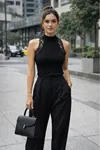 Ribana Kumaş Yarım Balıkçı Halter Dantelli Bluz-Siyah