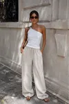 Ribana Kumaş Tek Omuz Boncuklu  Kadın Bluz-Beyaz