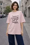 30/1 Süprem Kumaş O Yaka Brezza Baskılı  Kadın Tişört-Pudra