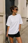 Süprem Kumaş O Yaka Oversize  Kadın Tişört-Beyaz